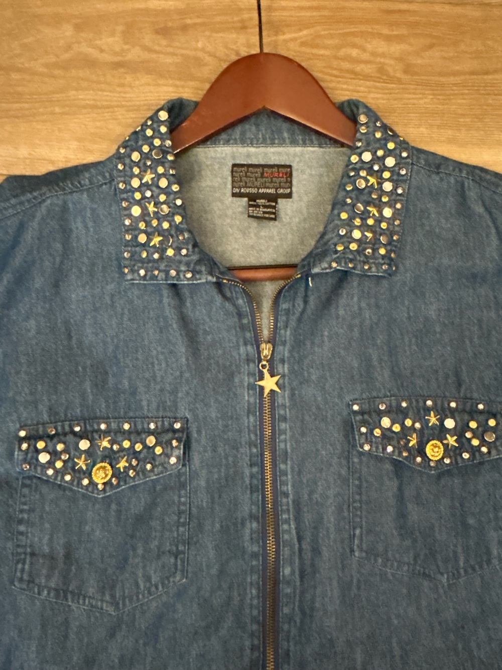Y2K Style Studded Denim Jacket Star Embellished Zip Up Women’s L 100% Cotton